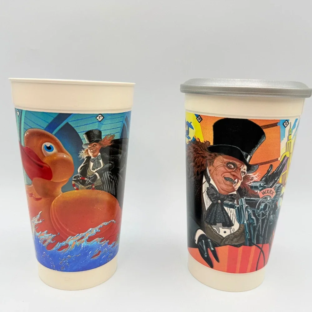 Vintage 1992 McDonalds Batman Returns Cups The Penguin Batdisc Lid Set of 2